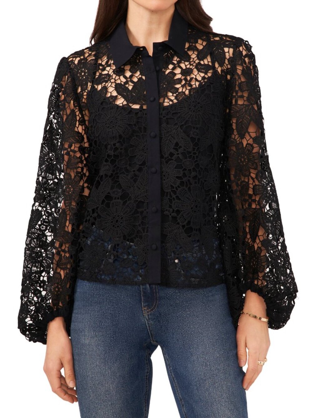 Vince Camuto Eyelet Balloon Sleeve Button-Up Blouse